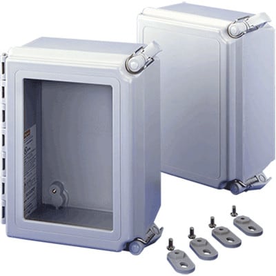 nVent HOFFMAN A1086CHQRFGW Continuous Hinge, QR Window Cover, Enclosure, 4X, 10x8x6, Light Gray, Fiberglass