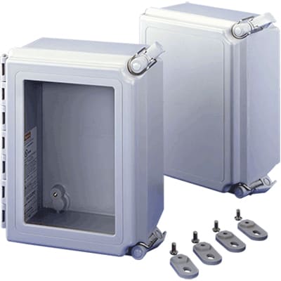 nVent HOFFMAN A16148CHQRFGW Continuous Hinge, QR Window Cover Enclosure, 4X, 16x14x8, Light Gray, Fiberglass