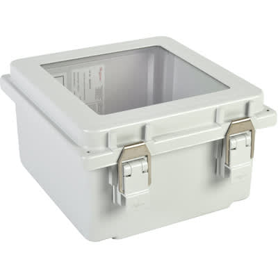 nVent HOFFMAN A884PHCW Junction Box,Polyester,Hinged,Window,Clamp,Gray,8.12x8.12x4.38 In,NEMA13,Polypro