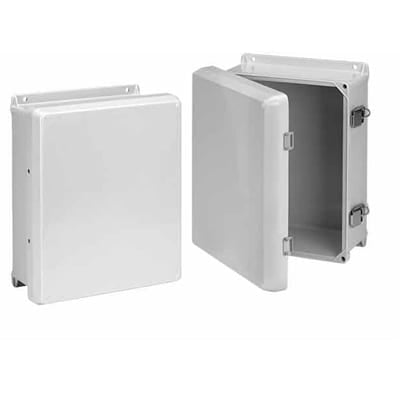 nVent HOFFMAN HJ1614HWPL2LG Enclosure, Box-Lid, Fiberglass, Hinged, Light Gray, 15.81 x 13.81 x 5.99 in.