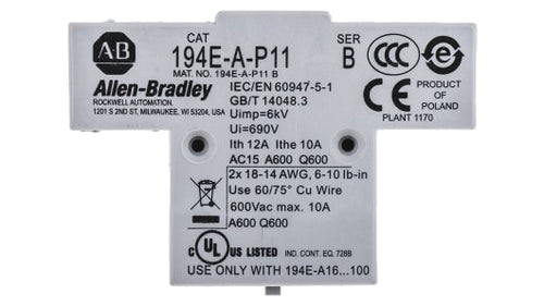 Rockwell, allen, bradley, allen-bradly, ethernet, ethernet-ip, ethernet/ip, CIP, industrial, OLC, communication, controller,194E-A-P11,Allen Bradley Auxiliary Contact - 1NC + 1NO, 2 Contact, Side Mount, 6 ARockwell194E-A-P11Allen Bradley Auxiliary Contact - 1NC + 1NO, 2 Contact, Side Mount, 6 A