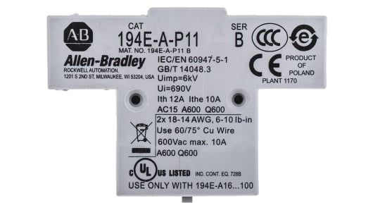Rockwell, allen, bradley, allen-bradly, ethernet, ethernet-ip, ethernet/ip, CIP, industrial, OLC, communication, controller,194E-A-P11,Allen Bradley Auxiliary Contact - 1NC + 1NO, 2 Contact, Side Mount, 6 ARockwell194E-A-P11Allen Bradley Auxiliary Contact - 1NC + 1NO, 2 Contact, Side Mount, 6 A