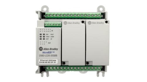 Rockwell, allen, bradley, allen-bradly, ethernet, ethernet-ip, ethernet/ip, CIP, industrial, OLC, communication, controller,2080-LC20-20QWB,Allen Bradley Micro820 PLC CPU - 12 Inputs, 8 Outputs, Relay, For Use With Bulletin 2080, Ethernet Networking